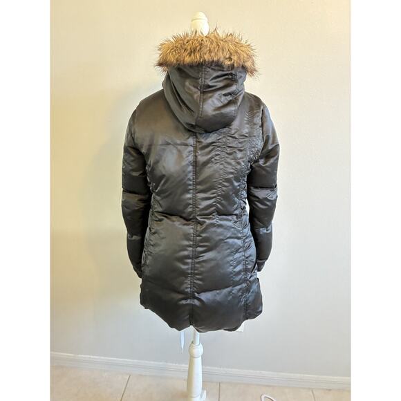 VTG Y2K Puffer Jacket Goose Down Feather Faux Fur Hood Black Silky Guess Women M - Picture 4 of 16